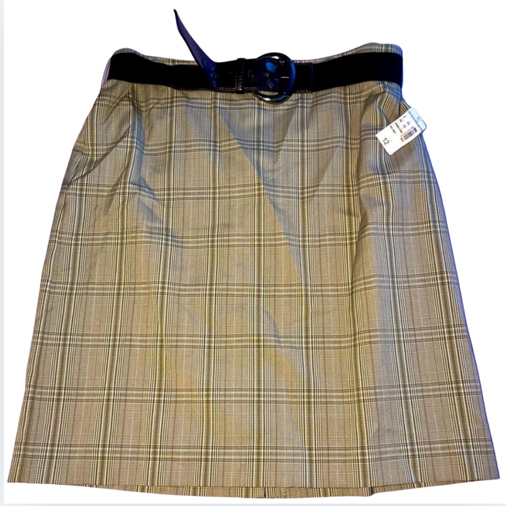 NWT dressbarn Size 12 Plaid Midi Skirt Belted Brown Gray Neutral Office Classic